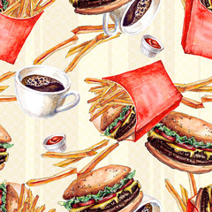 Seamless pattern with cheeseburgers and french fries painted in watercolor