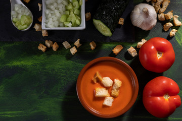 gazpacho vegan and vegetarian Extremaduran dish with tomato, cucumber, onion, garlic and bread croutons