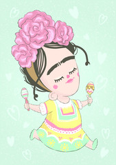 The cute vector character.Kawaii mexican girl. Rose in hair. Design for kids. Mexican dress. Emotion dance. maracas in the hands.