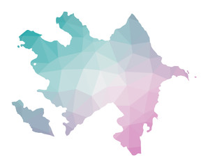 Polygonal map of Azerbaijan. Geometric illustration of the country in emerald amethyst colors. Azerbaijan map in low poly style. Technology, internet, network concept. Vector illustration.