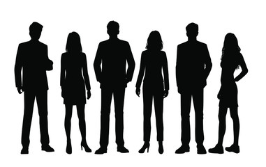 Set of vector silhouettes of  men and a women, a group of standing business people, black color isolated on white background