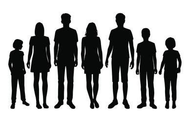 Set of vector silhouettes of a family, men, women, teenager and children, a group of standing people, black color, isolated on a white background