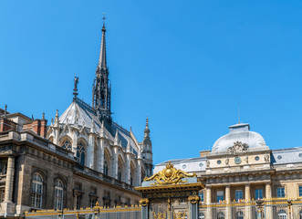 Fototapeta na wymiar Sainte-Chapelle (Holy Chapel) with front entrance of Palais de Justice (laws court) in foreground - Paris, France