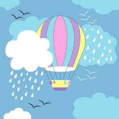 Airy multi-colored shao in blue and white clouds, clouds with rain, white and black birds soar in the sky. Blue background.