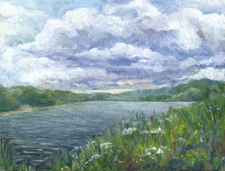 Sky over the river, russian summer, oil painting