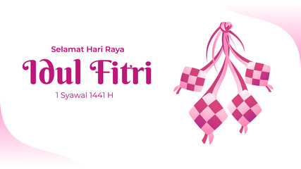 Selamat Hari Raya Idul Fitri greeting card with pink color ketupat vector to celebrating eid mubarak for landscape banner illustration. Fasting Day of Celebration, I seek forgiveness physically