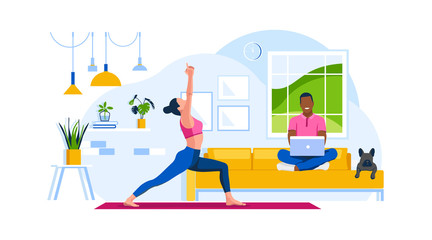 Young woman practicing yoga exercise. Man sits on a couch with dog. Concept family vacation at home. Living room with sofa, lamps, clock. Flat vector illustration. 