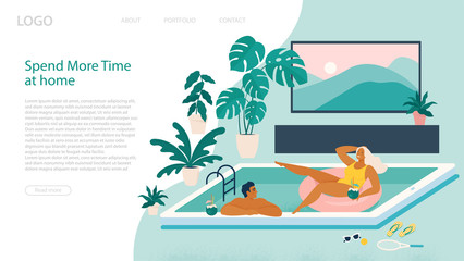 Obraz premium Couple spend summer vacation at swimming pool during quarantine. Vacation simulation and indoor recreation. Landing page template. Vector illustration.
