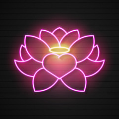 Pink Lotus Neon Sign. Harmony And Meditation Concept. Advertisement Design. Night Bright Neon Sign, Colorful Billboard, Light Banner. Vector Illustration