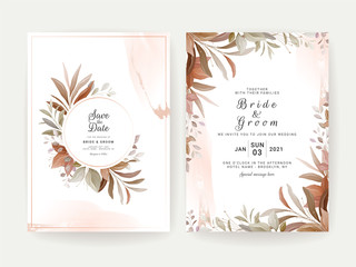 Floral background card. Wedding invitation template set with brown leaves for save the date, greeting, poster, and cover design