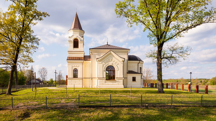 Antique white church, side view. Byzantine architecture. Former Orthodox church nowadays Catholic...