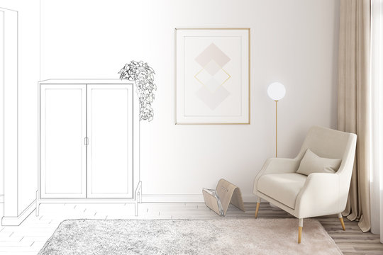 The sketch becomes a real bright modern room with a vertical poster between a bookcase, a cozy armchair with a lamp, curtains, a fluffy carpet on a wooden floor. Front view. 3d render.