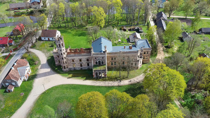 Aerial Photo of Destroyed Odzienas Castle in Latvia, Europe on a Beautiful Sunny Springday, Concept of Travel in Harmony on Countryside. Detail of the Ancient Castle.