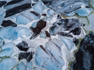 Aerial view of melting glacier. Svinafelljokull glacier in Skaftafell National Park, Iceland