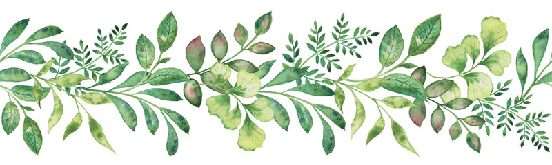 Watercolor. Border from green leaves and greenery Floral seamless pattern.