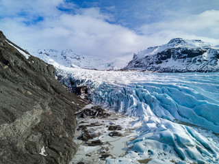 Aerial view of melting glacier. Svinafelljokull glacier in Skaftafell National Park, Iceland