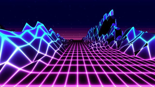 80s retro background loop animation. Retrowave horizon landscape with neon lights and low poly shaded terrain