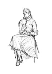 An isolated figure of a woman sitting on a chair in clothes. Pencil sketch on a white background.
