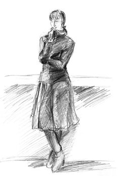 A rough sketch of a standing young woman in clothes with arms crossed. Pencil drawing on paper. Isolated image on a white background.