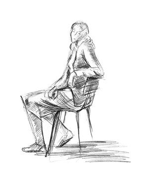 A sketch of a woman in clothes sitting on a chair. Pencil drawing on paper. Isolated image on a white background.