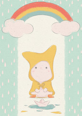 Сute bunny launches boat under the rainbow. Can be used for invitation cards and drawing poster, T-shirt Print and cartoon character.	