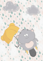 Cartoon beaver dancing in the rain. Can be used for invitation cards and drawing poster, T-shirt Print and cartoon character.	
