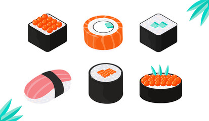 Set of six rolls: sushi with tuna, cucumber rolls, salmon roll, red caviar roll