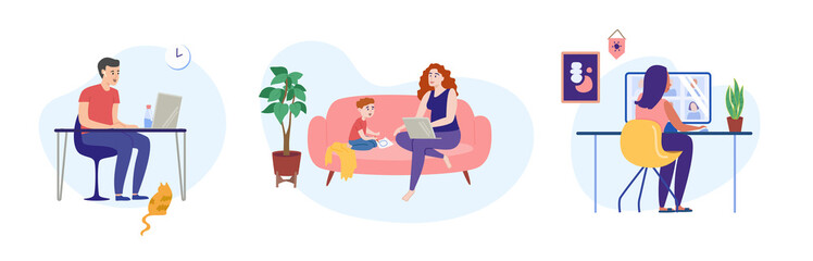 Working from home on laptops and screens, stylish home office for mother, kids, parent, freelancer with online business, nomad in quarantine. Flat style vector illustration
