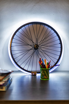 Handmade LED table lamp from an old bike wheel