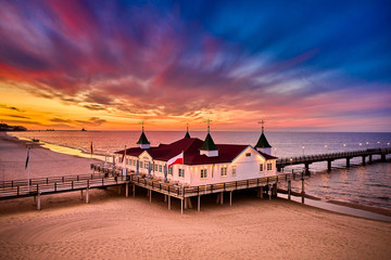 morning time at baltic sea beach and sight Ahlbeck pier in sunrise