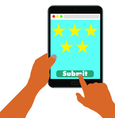 Website rating feedback. Hands holding tablet. Stock vector illustration on white isolated background. 
