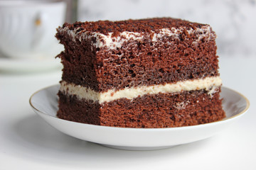 A slice of chocolate cake with white cream with a curl on a light background.