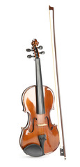 Fototapeta premium Classic violin and bow on white background. Musical instrument