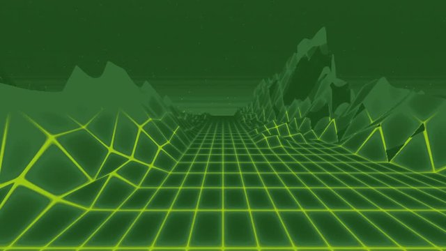 Lowfi unicolor 90ies retro background loop animation. Retrowave horizon landscape with neon lights and low poly shaded terrain