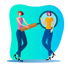 People next to a magnifying glass.Concept of online search, SEO promotion and data analysis.Flat vector illustration.