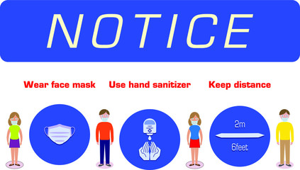 notice wear mask hand sanitizer maintain social distancing protect from virus covid-19