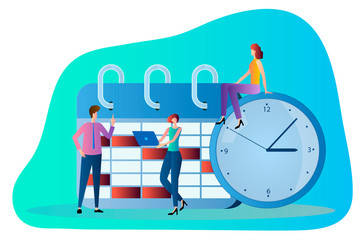 People next to the calendar and clock.Time management, work planning.Vector illustration.