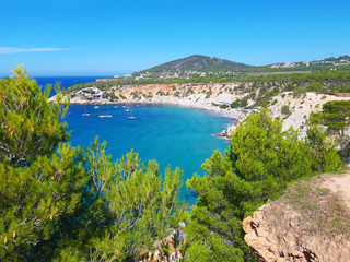Fototapeta na wymiar bright colors of the wild nature of the bay of Cala d'hort in ibiza in summer