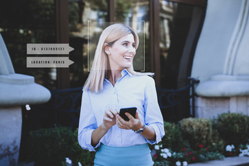 People search by facial recognition. Woman outdoors with scanner frame on face and her private information