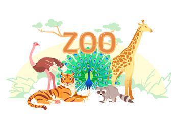 Zoo flat web banner. Group of cartoon animals on white horizontal cover or social media header. Ostrich giraffe tiger raccoon peacock simple nature poster, Exotic animal vector card. Children postcard