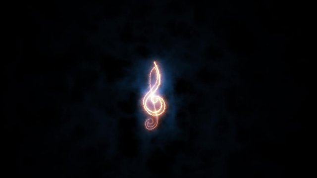 Golden treble clef icon with pink glowing neon light in center on transparent background. Seamless loop. 4k video. Alpha channel