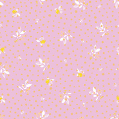 Ditsy floral vector pink summer lemon pattern. Hand drawn textured citrus fruit pattern with blossom and leaf on pink background. Vintage romantic backdrop.