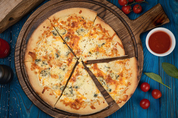 margarita pizza on wooden board 