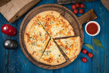 margarita pizza on wooden board 