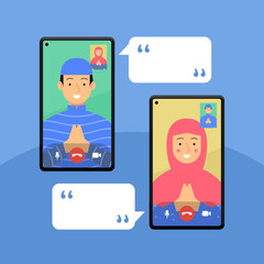 people video call happy eid mubarak. flat illustration concept. boy and girl communication on virtual online app with namaste hand and conversation template. vector graphic design