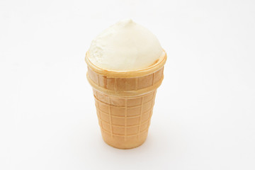 wafer cup of vanilla ice cream on a white background