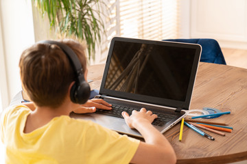 Boy child studying at home using laptop.