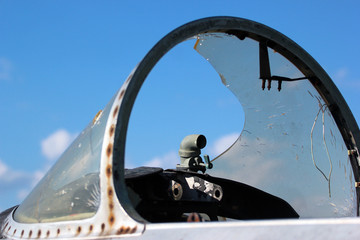 Broken cockpit of old aircraft on the airplane cemetery in Vovchansk, Eastern Ukraine