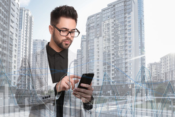 Multiple exposure of businessman, scheme and cityscape. Trade concept