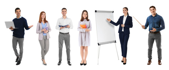 Collage with teachers on white background. Banner design